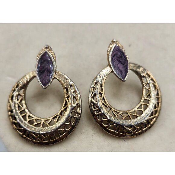 Filigree Gold Tone Hoops Earrings With Purple Tone Enamel Accent - Picture 2 of 2